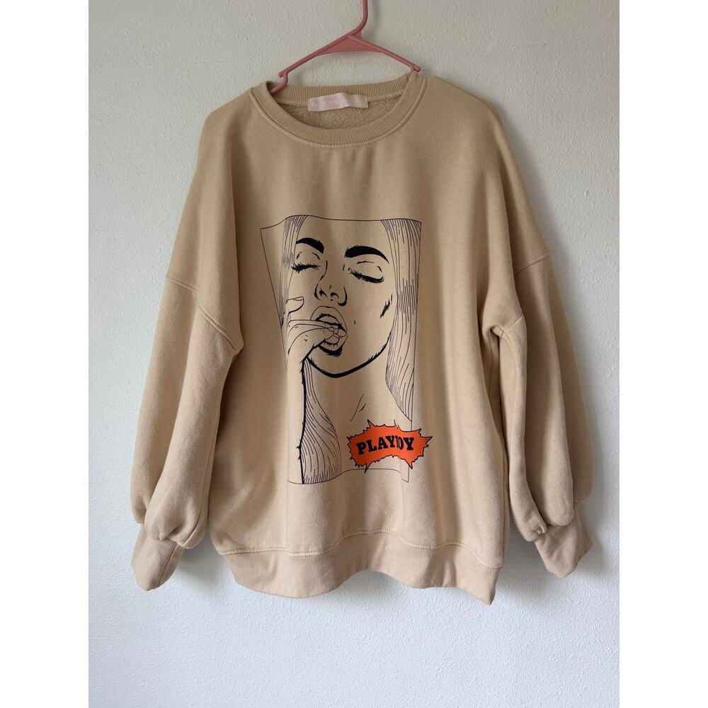 Playboy Misguided Cream Colored Graphic Print Sweatshirt Y2K Size XL Bimbocore